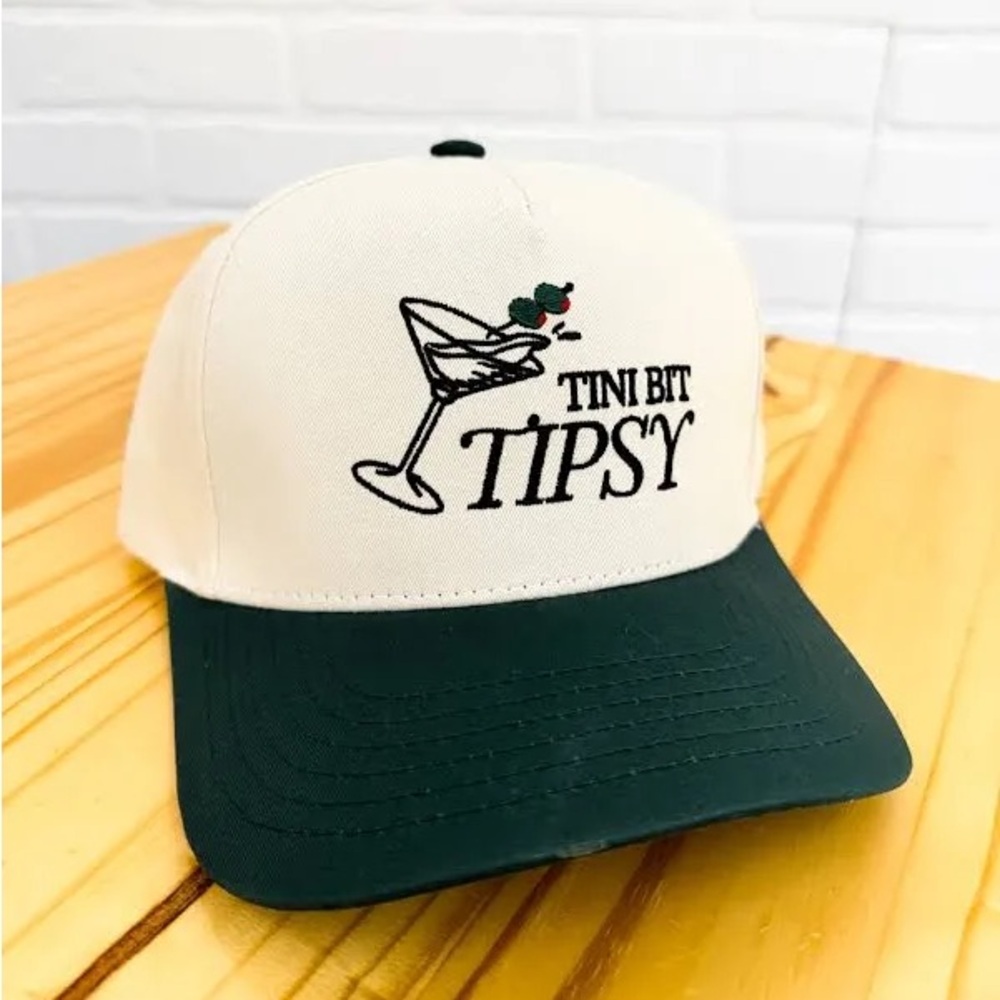 Cream and Dark Green "Tini Bit Tipsy" Embroidered Baseball Cap